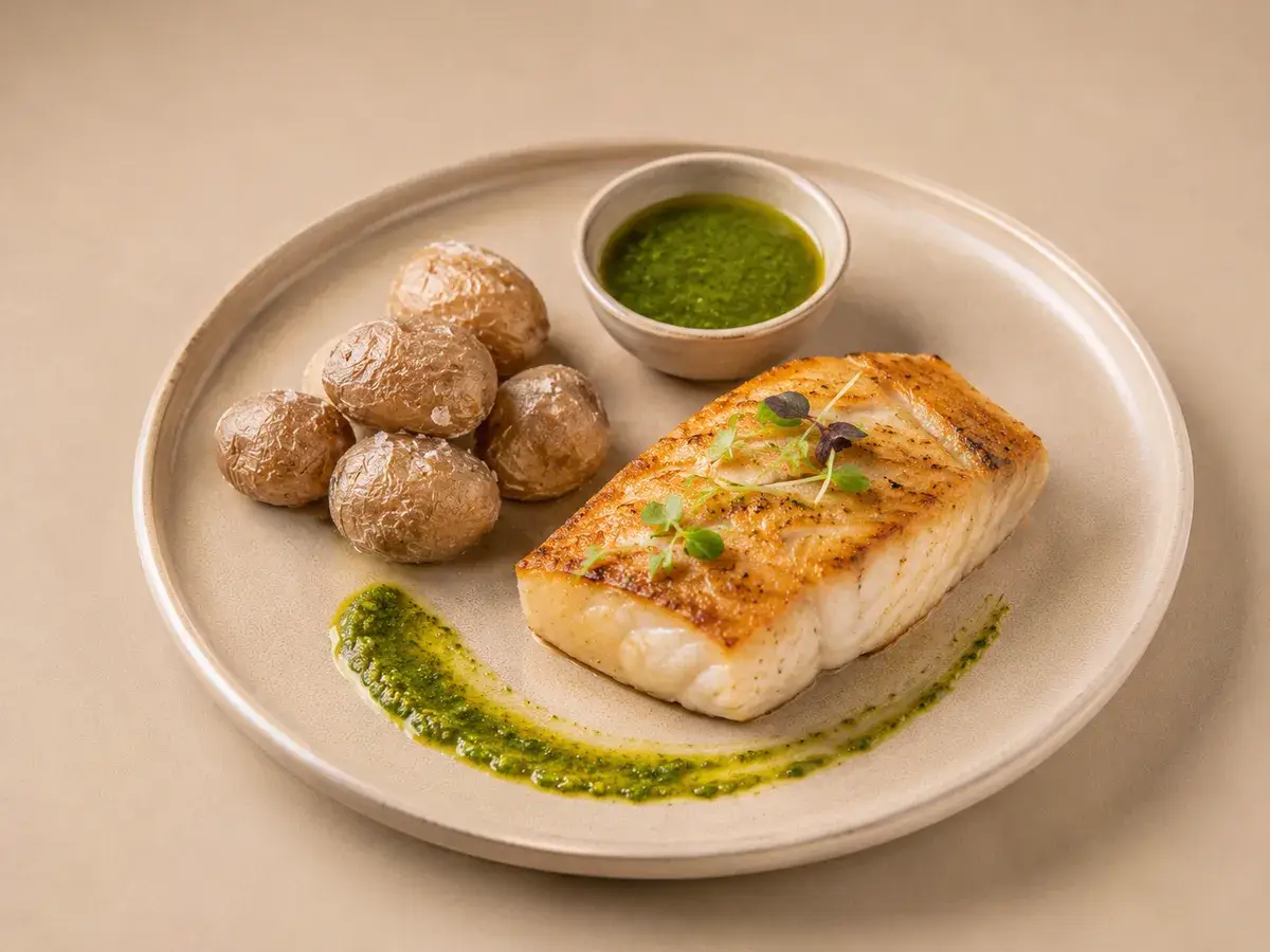 Cherne al horno con papas arrugadas y mojo verde