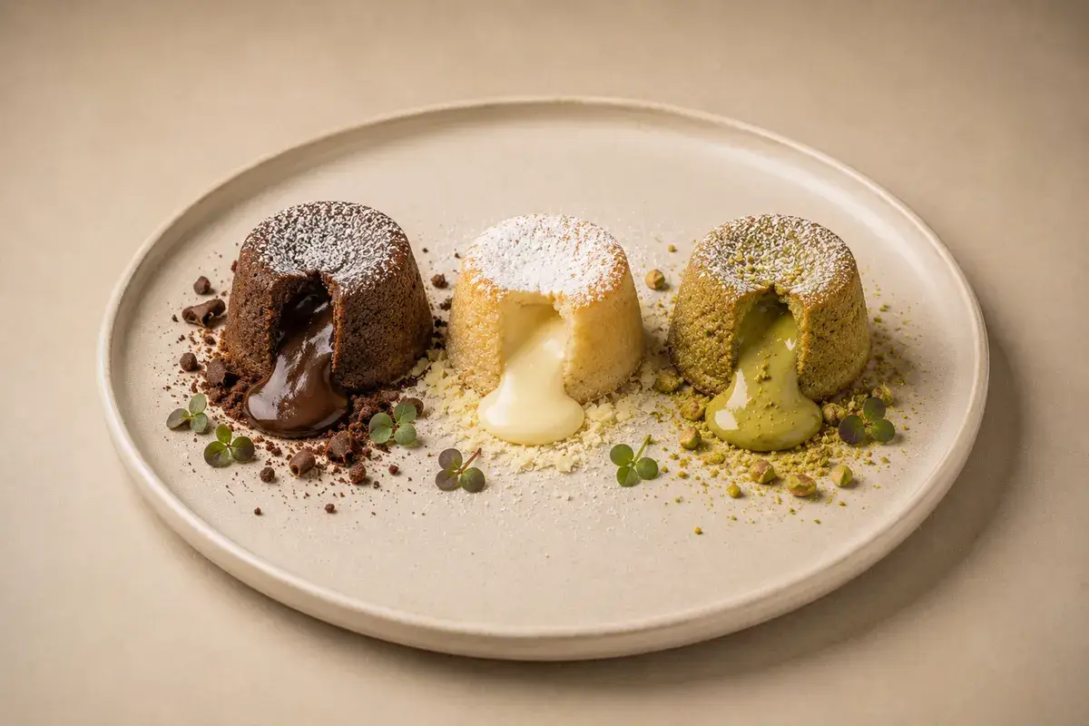 Coulant de chocolate, chocolate blanco y pistacho