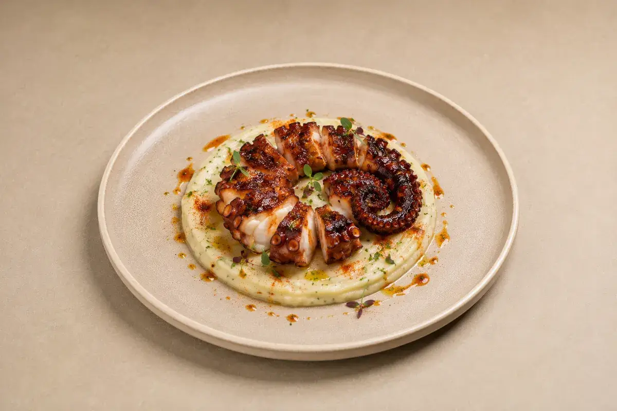 Pulpo a la brasa sobre parmentier de patata