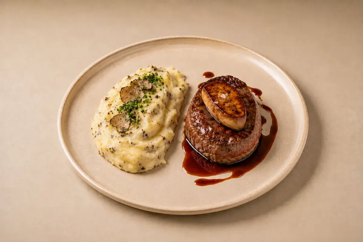 Solomillo de rubia gallega con foie y puré trufado
